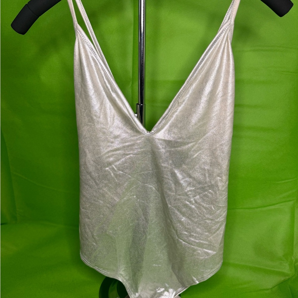 Silver Metallic V-Neck Bodysuit